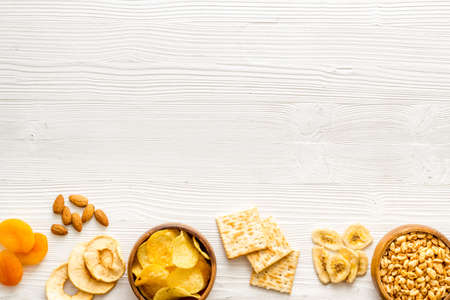 Healthy snacks for students - nuts and fruits mix top view
