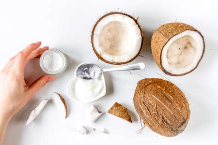 organic cosmetics with coconut on white background top viewの写真素材