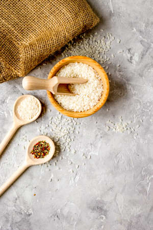 rice for paella on stone background top view mock upの写真素材