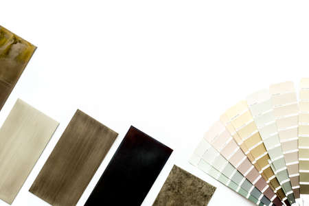 Choosing cabinet panel and countertop material with color scheme. Above view