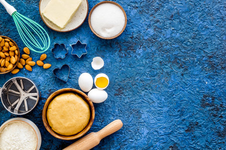 Bakery background. Ingredients and dough for cookies or cake