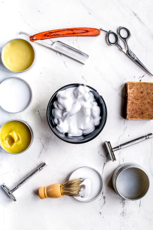 barbershop for men with tools on white background top viewの写真素材