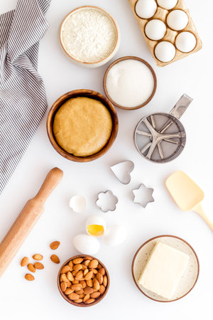 Bakery background frame with ingredients for pastry doughの写真素材