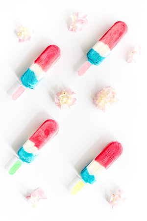 Pattern of ice cream on sticks. Colorful  ice cream, top viewの写真素材