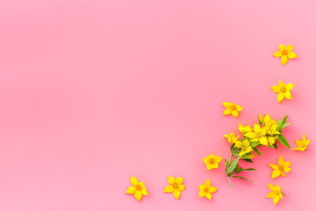 Floral pattern of yellow flowers with leaves, top view