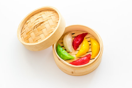 Asian steamed dumplings in wooden steamer. Traditional Chinese dim sum setの写真素材