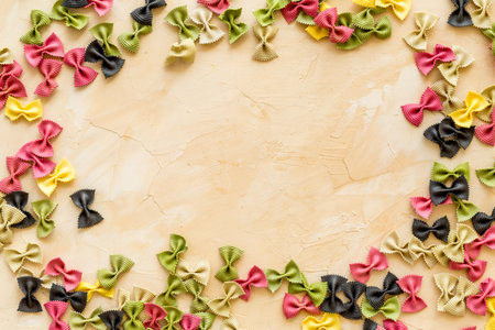 Frame of pasta - flay lay of Italian colorful farfalle, top viewの写真素材