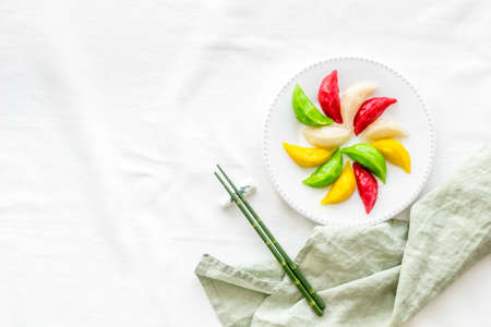 Steamed dumplings tio view. Vegetables ravioli on white plateの写真素材