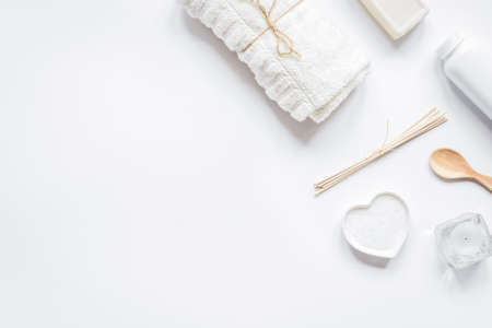 monochrome cosmetic set in SPA concept on white background top view mock upの写真素材