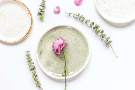 rose, eucalyptus and plates in spring design white background top view mockupの写真素材