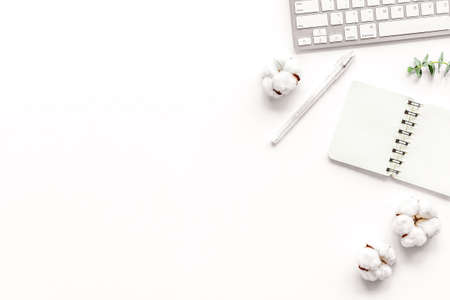 Laptop, cotton branch on white table flat lay space for text. Minimal freelancer desk workspace. Blog header mockupの写真素材