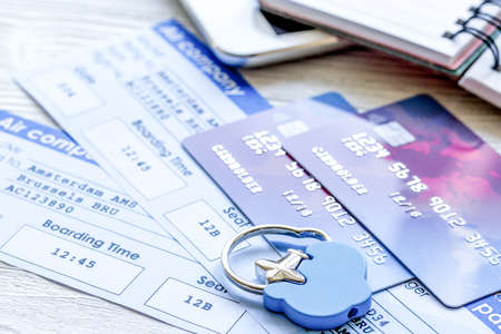 Payment online concept with cards and tickets on light tableの写真素材