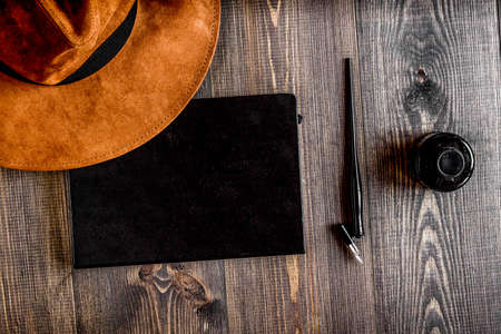 author office in writer concept on desk background top viewの写真素材