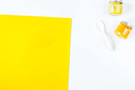 kids desk design with food yellow white background top view space for textの写真素材