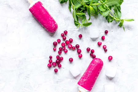 frozen cowberry and fruit ice-cream on gray table background top view mock-upの写真素材