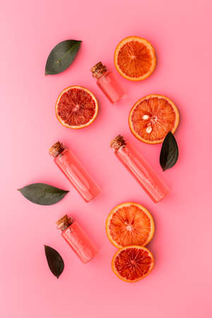 Organic bio cosmetic with vitamin c and citrus fruits. Top viewの写真素材