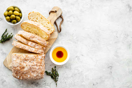 Italian food appetizer with bread and olive oil balsamic vinegarの写真素材