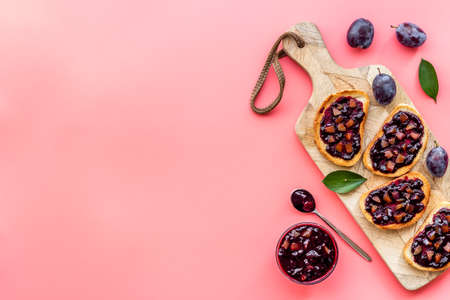 Sandwiches with plum jam, top view. Food layoutの写真素材