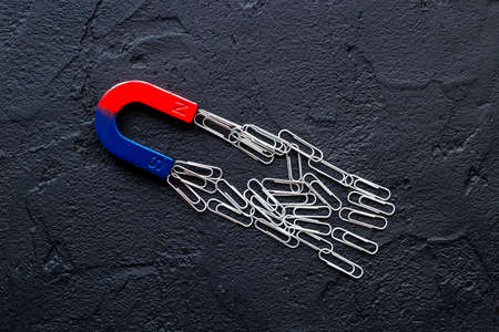 Horseshoe magnet collecting paper clips. Office supplies top viewの写真素材