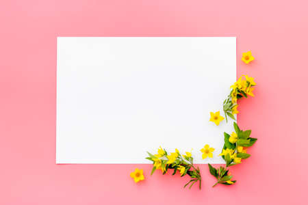 White paper blank with yellow spring flowers, overhead view