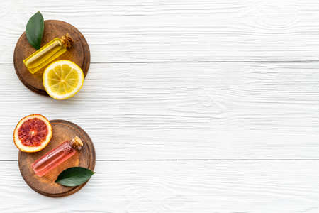 Citrus cosmetic with vitamin c and fruits essential oil. Top viewの写真素材