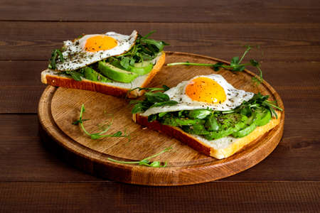 Toasts with avocado and fried eggs. Healthy breakfast