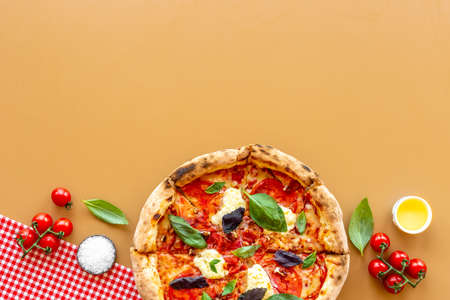 Food ingredients for cooking pizza margherita, top viewの写真素材