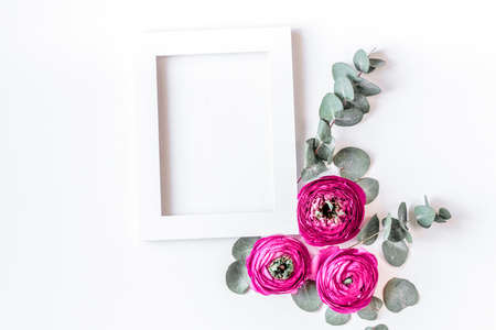 Trendy design with flower on white background top view mock up