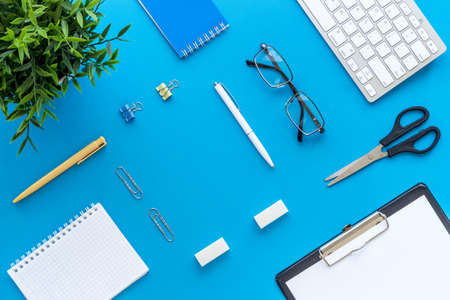 Office or home workspace with computer keyboard. Top viewの写真素材