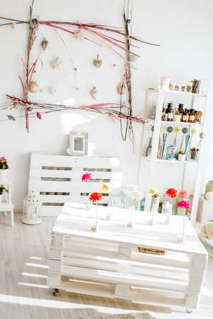 Wooden shelf with decorative elements interiorの写真素材