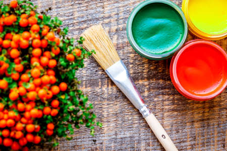 workplace painter with gouache paint and brushの写真素材