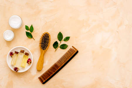 Hair care set of cosmetic products with shampoo and comb.の写真素材