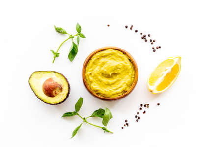Bowl of guacamole avocado dip. Homemade guacamole cooking