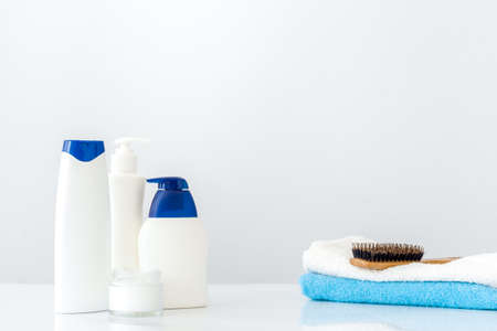 Close up of hair care cosmetic products for hair treatmentの写真素材