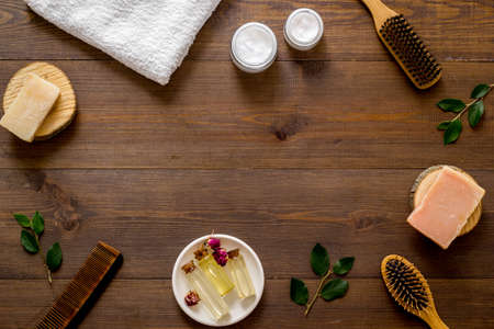 Female hair care set with shampoo and brush, flat layの写真素材