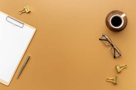 Workplace with office desk supplies, top viewの写真素材
