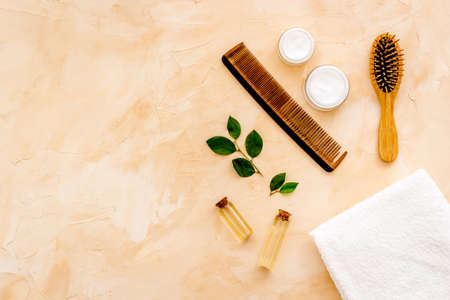Close up of hair care cosmetic products for hair treatment