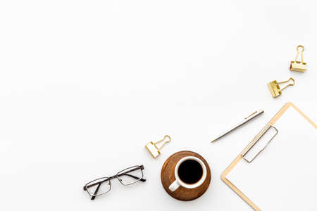 Home work with office desk supplies, empty space for textの写真素材