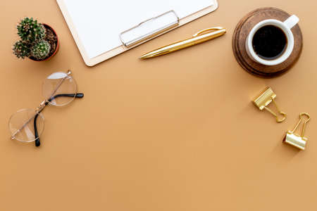 Home work with office desk supplies, empty space for text