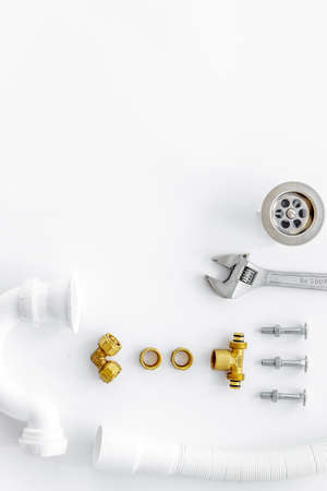 Professional instruments for plumber on white background top view space for textの写真素材