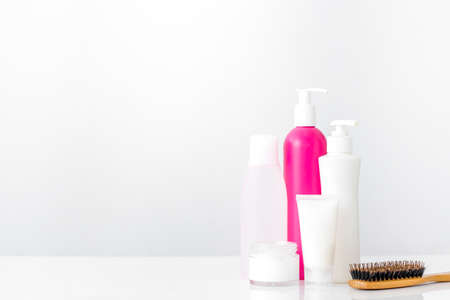 Close up of hair care cosmetic products for hair treatmentの写真素材