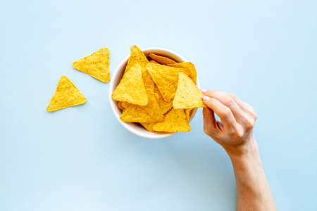 Mexican food nachos chips in bowl top view