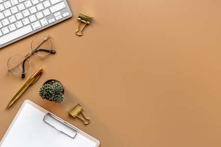 Place for working with computer on office table, top view
