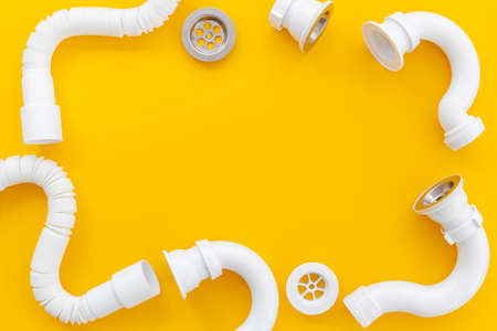 Plumbing pipes top view. Plumbing work backgroundの写真素材