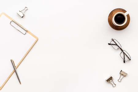 Flatlay of office workplace supplies, top viewの写真素材
