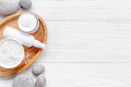 White packaging for cosmetic products, flatlay. Makeup white cosmeticの写真素材