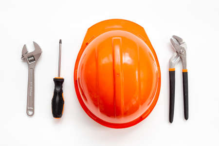 Engineer safety helmet with construction tools, top viewの写真素材