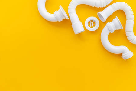 Plumbing pipes top view. Plumbing work backgroundの写真素材