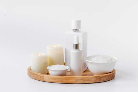 Makeup white cosmetics bottles. Packaging for cosmetic productsの写真素材