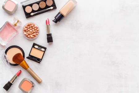 Decorative makeup cosmetic on color background, top viewの写真素材